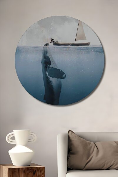 Teona Ahşap Dev Balina ve Yelkenli Ay Işığında Ahşap MDF Dekoratif Yuvarlak Ev,İşyeri Duvar Tablo