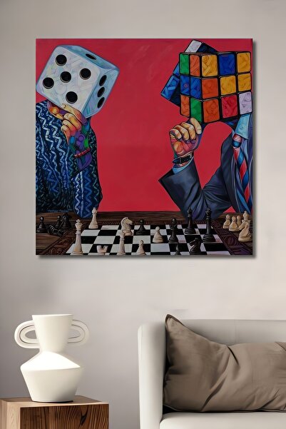Teona Ahşap Zar ve Rubik Küp Satranç Oynayan Adamlar Dikdörtgen Ev,İşyeri Duvar Tablosu Modern Sanat