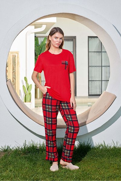 Aydoğan Women's Red Short Sleeve Viscose Poplin Pajamas Set Lodos Store