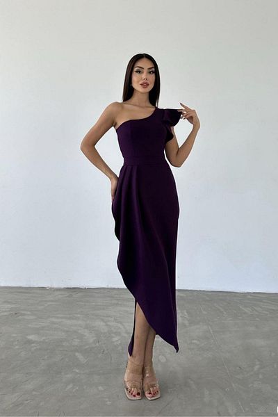 Mossta Purple One Shoulder Asymmetrical Cut Ruffle Dress