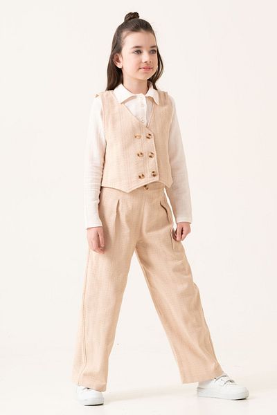 Cansın Mini Cream Dobby Vest and Buttoned Shirt Girl's 3 Piece Set 20529