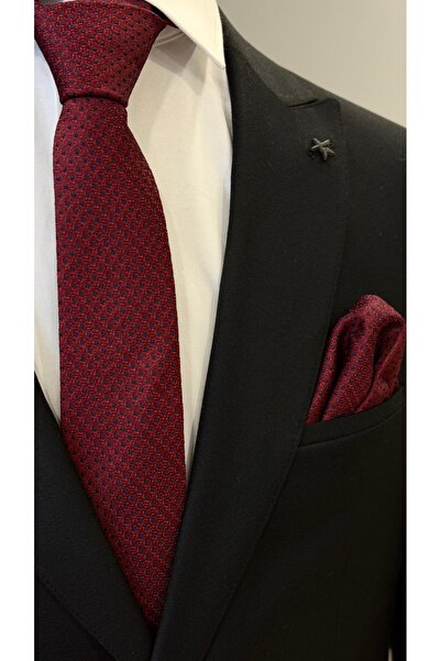 Dearmise Premium γραβάτα και μαντήλι με μοτίβο μπορντό και ναυτικό πουά με κο...