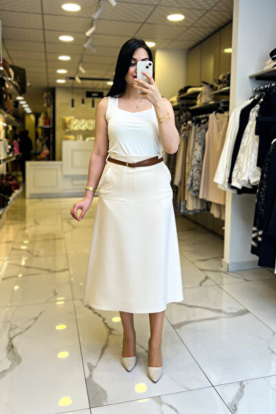 Vosse On Fashıon Krem Kemerli Etek