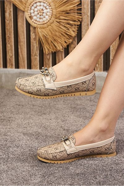 Nstil Daily Women's Beige Ballerina Ballerina Tassel and Stitching Detailed Buckle Faux Leather Comfortable Low Heeled Shoes 03