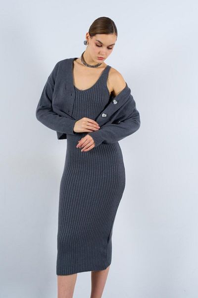 Bizcomoda Ceyda Silver Corded Dress Cardigan Suit - Smoked