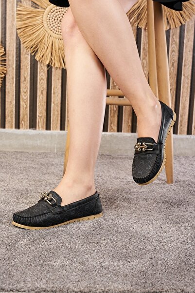 İmerShoes Günlük Kadın Siyah Babet Püskül Ve Dikiş Detaylı Tokalı Suni Deri Rahat Alçak Topuklu Ayakkabı 03