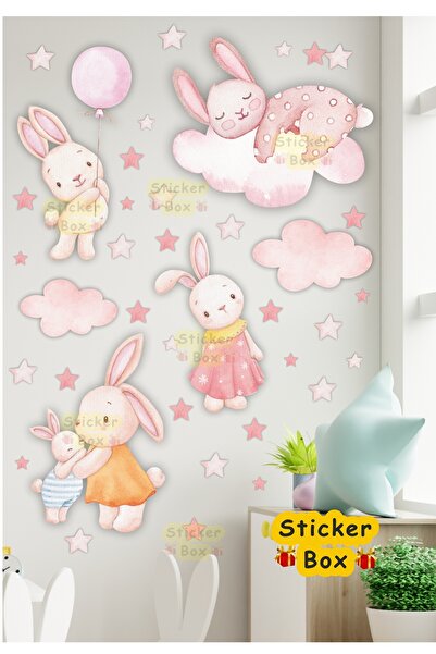 Think And Print Pembe Balonlu Tavşan Duvar Sticker Seti | Kız Çocuk Bebek Oda...