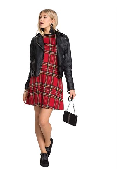 MAMAYAGA Women Plaid Pattern Crew Neck Bell Hem Three Quarter Sleeve Stylish Casual Sport Curve Dress