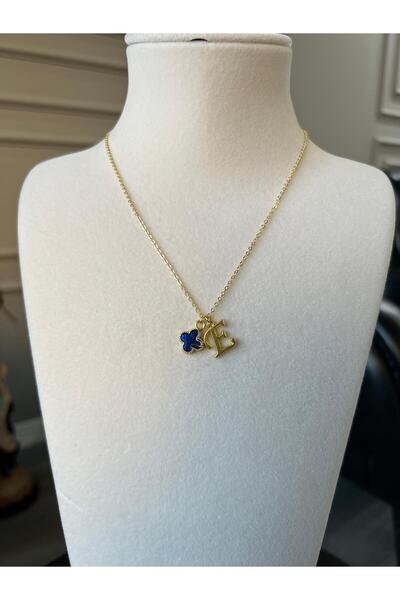 Store E Harf Kolye Yonca Charmlı Çelik Zincirli Şans Kolye