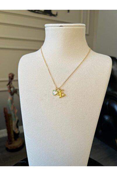 Store E Harf Kolye Kalp Charmlı Çelik Zincirli