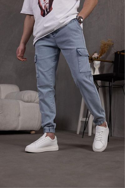 Oksit Pantaloni cargo din denim din lycra slim cu picioare și talie elastică