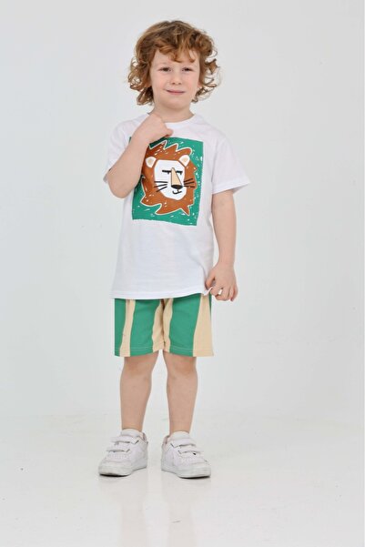 yns coolstar Unisex Model Lion Patterned Green Striped Summer Top and Bottom Set