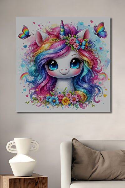 Teona Ahşap Renkli Unicorn ve Kelebek Yağlı Boya Görünümlü Ahşap Dekoratif Di...