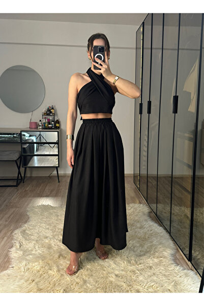 NET OF NOT Set bluză cu fustă din țesătură de in brut cu talie elastică neagr...