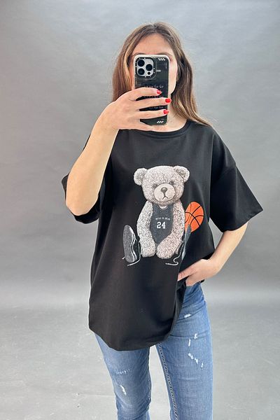 CİDDE Women's Oversize Cotton Basket Teddy Bear Patterned Black T-Shirt