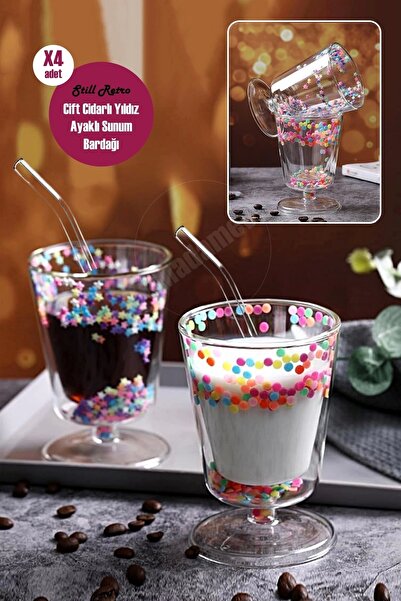 Madamev 4'lü Çift Cidarlı Yıldızlı Ayaklı Retro Bardak Magnolya Sunum Kasesi ...