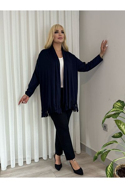 MODA Women's Plus Size Asymmetric Cut Tasseled Flexible Loose Cardigan