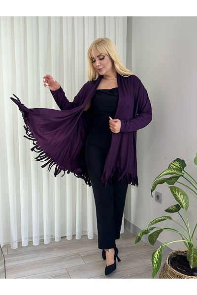 MODA Women's Plus Size Asymmetric Cut Tasseled Flexible Loose Cardigan