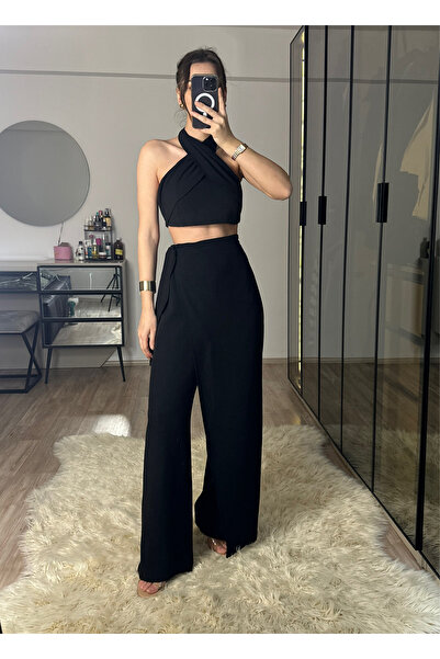 NET OF NOT Lacquered Black Bamboo Linen Binding Detail Pants Blouse Set