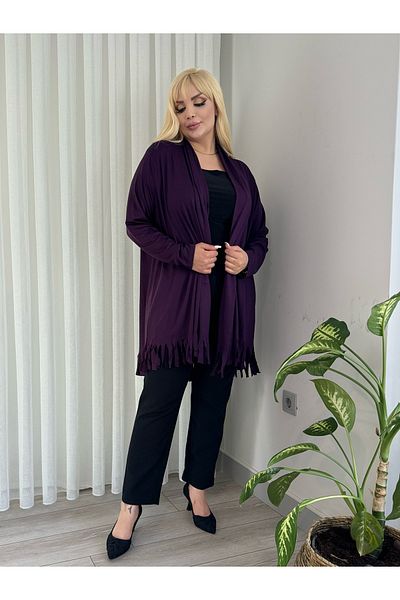 MODA Women's Plus Size Asymmetric Cut Tasseled Flexible Loose Cardigan