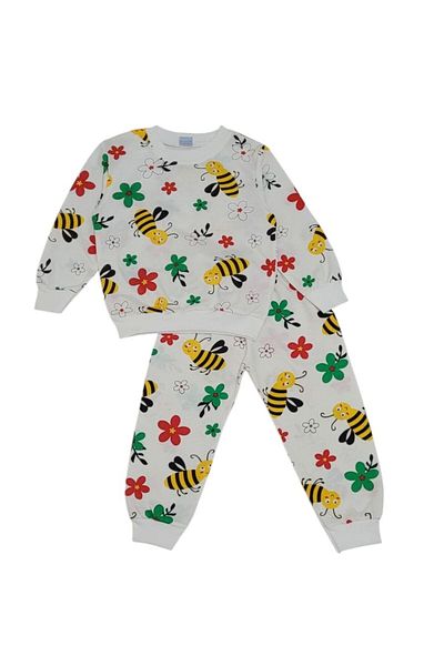 demir kids Girl's Bee and Flower Printed Seasonal Cotton Ecru Pajama Set