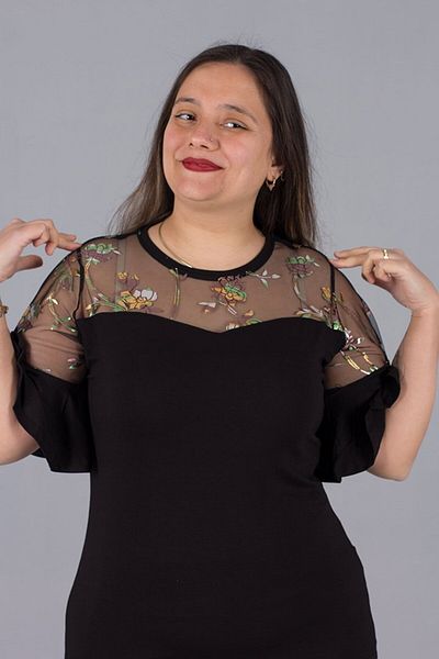Truva XXL Large Size Shoulder and Sleeve Tulle Detailed Blouse Black