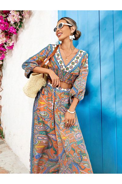 FASHION COCKTAIL Bohemian Summer Seaside női viszkóz ujjú Crop nadrág szett - V nyakú indiai kendőmintás