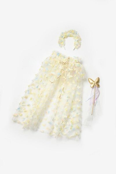 Le Mabelle Yellow Butterfly Appliqued Girl's Cape Scepter Crown Set