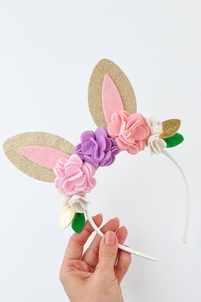 Le Mabelle Powder Colored Felt Flower Patterned Rabbit Ear Crown for Girls