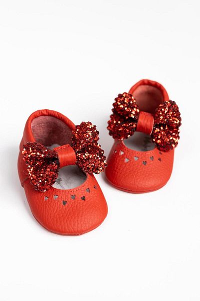 Le Mabelle Red Sequin Bow Leather Baby Girl Moccasin