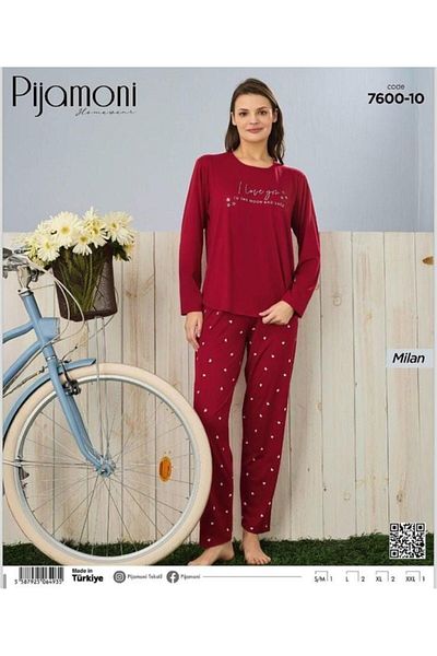 Pijamoni Red Colored Milan Fabric Long Sleeve Women's Pajamas Set