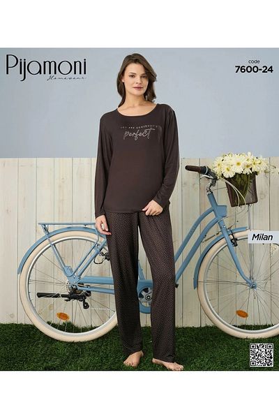 Pijamoni Σετ γυναικείες πιτζάμες με μακρυμάνικο ύφασμα Milan σε χρώμα καφέ