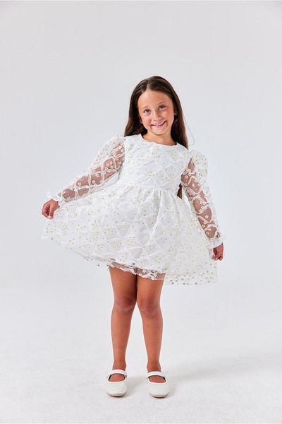 Le Mabelle Hera - White Girl's Long Sleeve Dress with Daisy and Tulle Detail