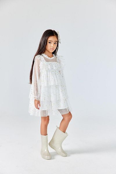 Le Mabelle Star Patterned Ecru Girl's Layered Dress - Felicia