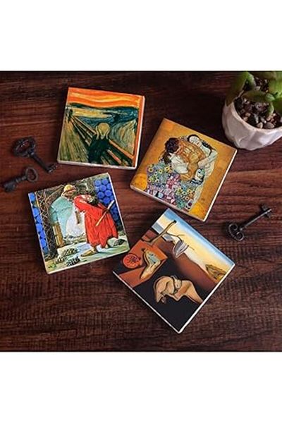 Mu Art Ahşap Pinecone Dali the Persistence of Memory, the Scream, Gustav Klimt Family Hug, Turtle Trainer Stone Cup