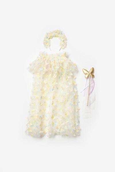 Le Mabelle Yellow Butterfly Appliqued Girl's Cape Scepter Crown Set