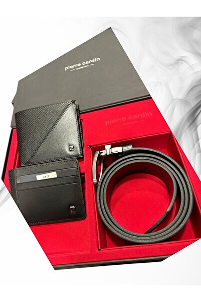 Pierre Cardin 100% black leather belt & wallet & card holder 3-piece horizont...