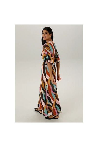 Şans Women's Plus Size Colorful, Front Gipe Rubber Detail Batwing Sleeve, Patterned Long Dress 65N38811