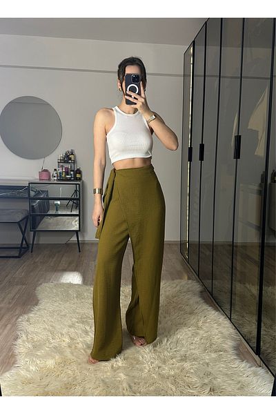 NET OF NOT Keira Front Covered Oil Green Bamboo Linen Adjustable Belted High Waist Trousers