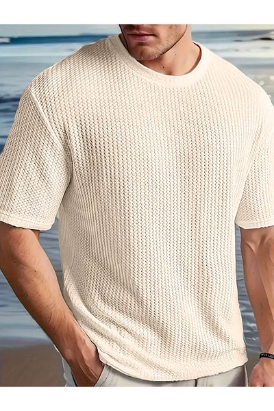 caddekombin Ανδρικό μπλουζάκι Robert Waffle Fabric Crew με κοντό μανίκι μπεζ