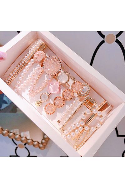 So Much Accesories So-much Women's Special Set of 8 Collet Snap Side Hair Clip with Pearls Salmon Set-4