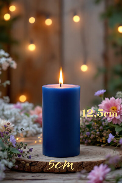 Candle Vase El İşçiliği Blok Kütük Silindir Mum Lacivert Renk  5 Cm  X 12,5 C...