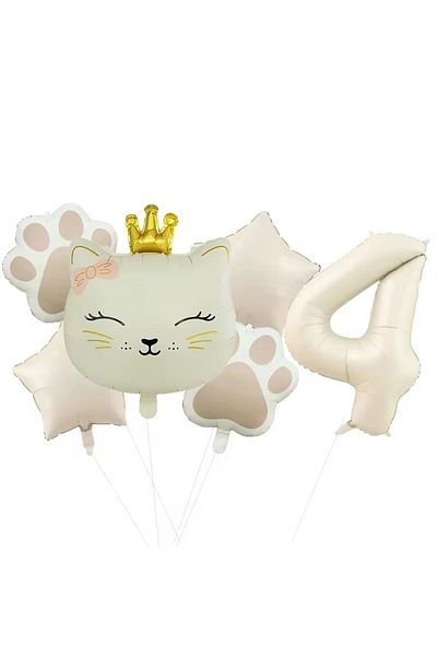 DÜVENCİ TİCARET Cream Color Pati Foil Balloon Crowned Cat Age Balloon Set