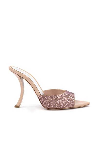 Gedebe Pudra Taşlı Kıvrımlı Topuklu Mule Kadın Terlik Pembe (PİNK)