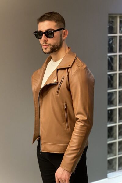 Jaglion Мъжко светлокафяво кожено яке за нов сезон
