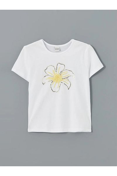 LC Waikiki White Crew Neck Floral Girl's T-Shirt