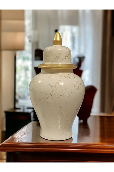 VERA HOME DECOR Rosanne, Seramik El boyaması, Krem Gold detaylı Şah Küp Vazo