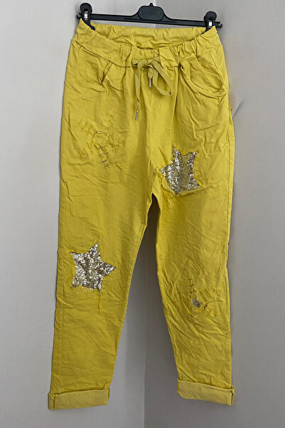 AYASOFYA OTANTIK Women's Yellow Italian Sequin Star Patched Trousers with Rip...