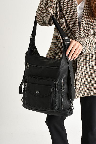 571 Collections Çanta Black Leather Shoulder Bag - Washed Both, Back Both ( Model: 571-9-10A)