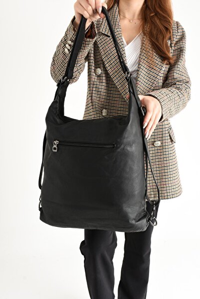 571 Collections Çanta Black Leather Shoulder Bag - Washed Both, Back Both ( Model: 571-9-10A)